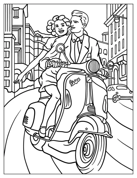 Muž a žena společně jedou na skútru Vespa.