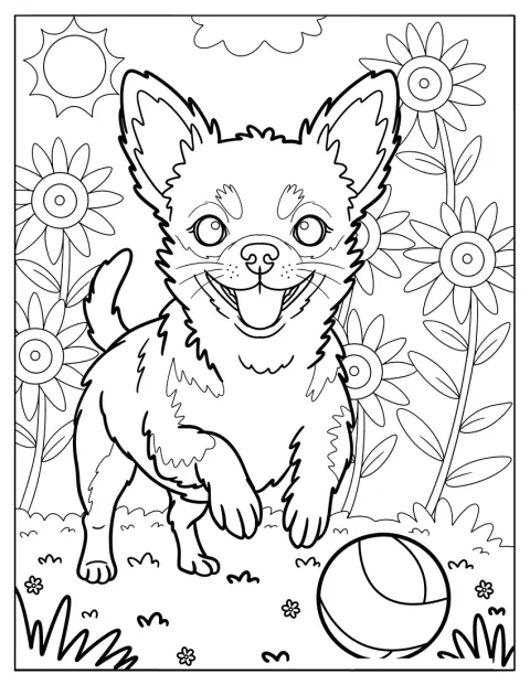 En glad chihuahua springer efter en boll bland blommor.