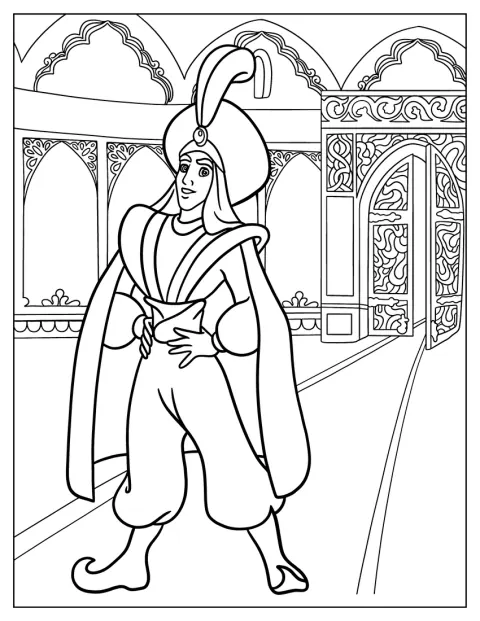 Aladdin indossa abiti regali all'interno del palazzo.