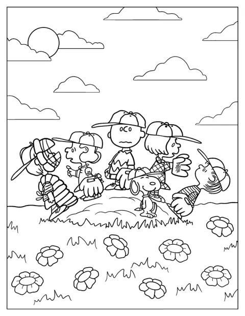 As personagens dos Peanuts jogam basebol num campo.