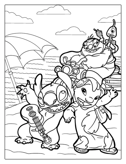 Lilo e Stitch sono sulla spiaggia insieme a Jumba e Pleakley.