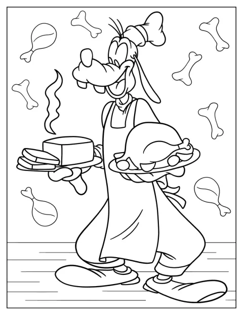Chef Goofy Serving Bread And Turkey Coloring Page