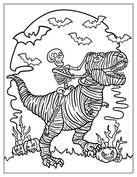 Een skelet rijdt op een mummie-T-rex terwijl vleermuizen door de lucht vliegen.