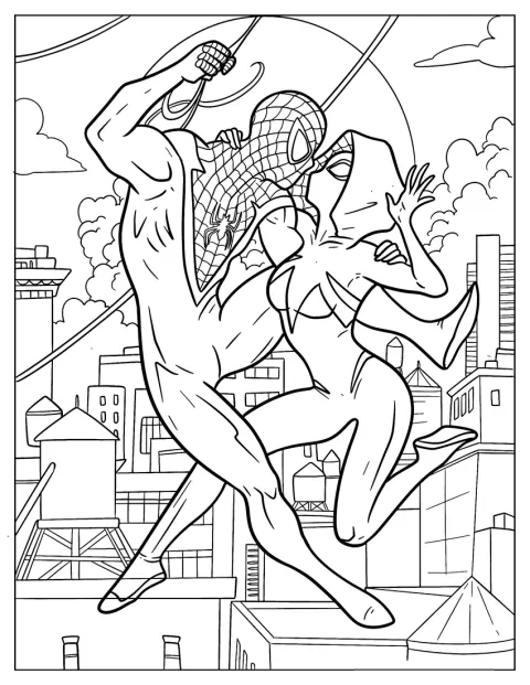 No ar, Spider-Man segura Spider-Gwen, que fica suspensa junto dele.