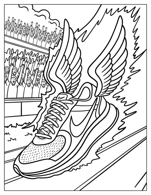 Een gevleugelde Nike-schoen racet voorbij een juichende menigte.