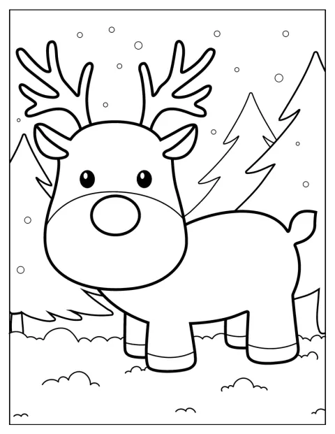 Rudolph, la renna dal naso rosso, si trova in una foresta.