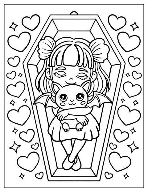 Una bambina abbraccia un pipistrello di peluche, circondata da cuori.
