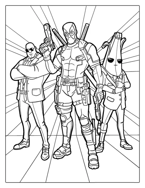 Deadpool ja Peely poseeraavat rinnakkain Fortnite-maailmassa.