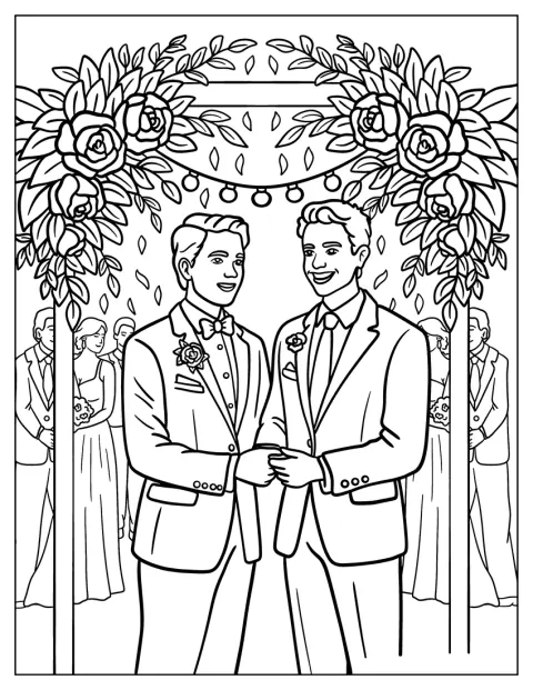 Main dans la main, un couple souriant assiste à sa cérémonie de mariage.