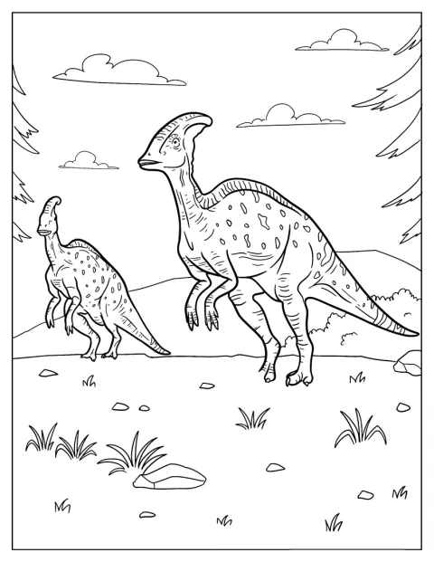 En realistisk Parasaurolophus står med sin karakteristiska huvudkam.