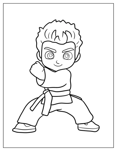 Un chico chibi con uniforme de kárate posa con estilo kawaii.