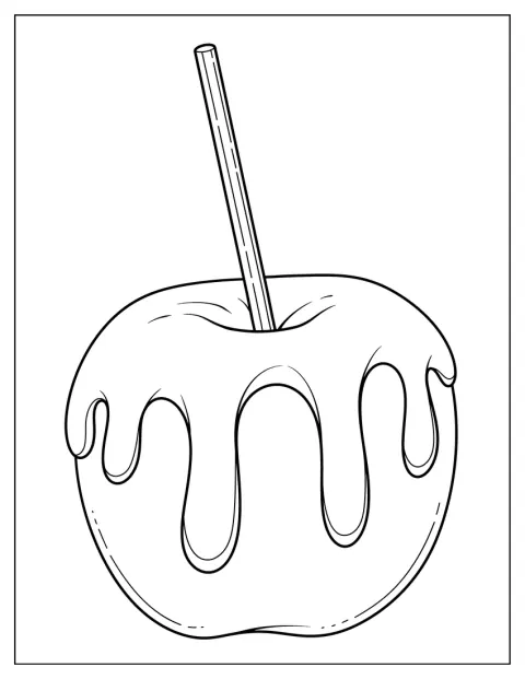 Uma maçã coberta de caramelo está presa num espeto comprido.