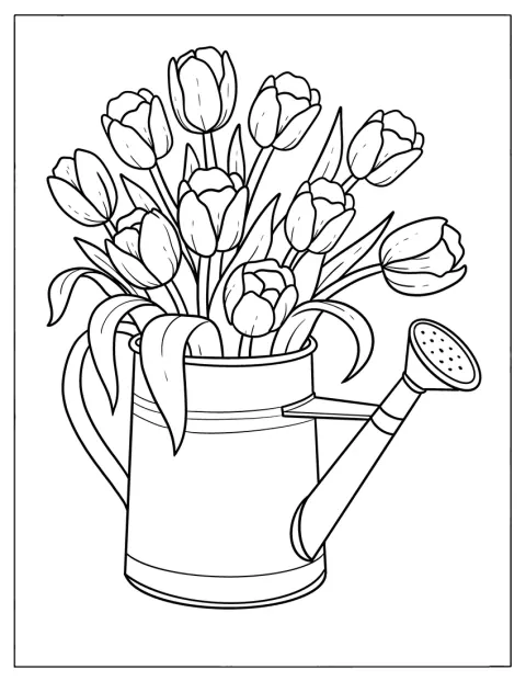 咲きたてのチューリップが、じょうろに生けられています。