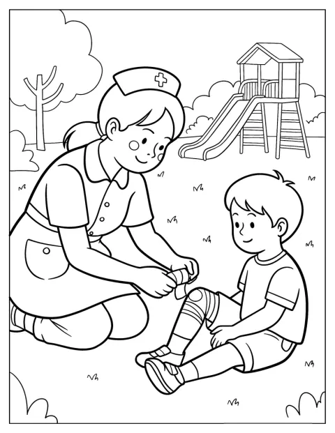Une infirmière pose un pansement sur la blessure d’un garçon.