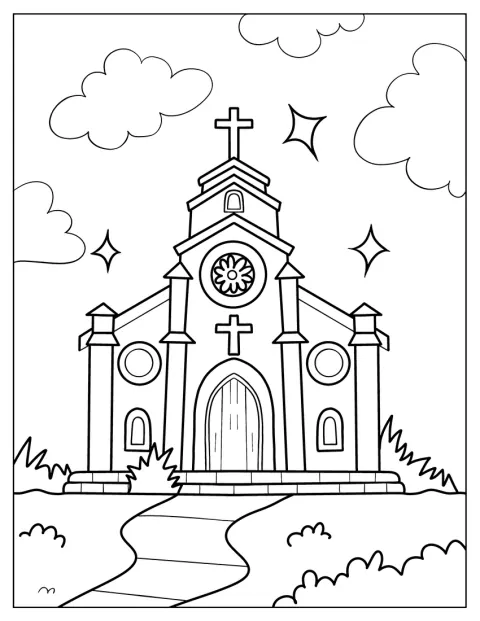 Um passeio conduz até à entrada de uma grande igreja católica.