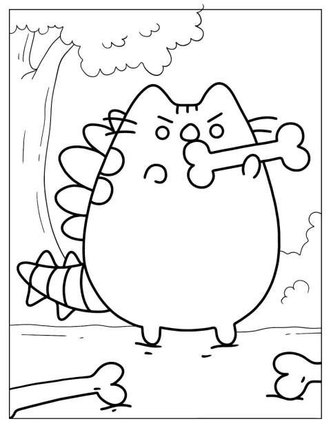 Pusheen aparece disfrazada de T-Rex junto a unos huesos.