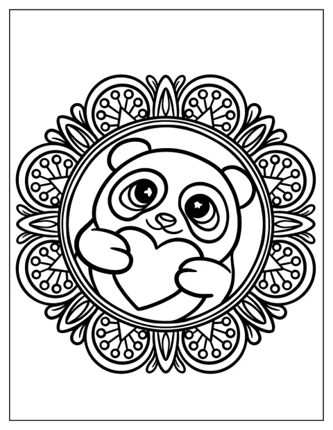 En søt panda klemmer et stort hjerte inne i en mandala.