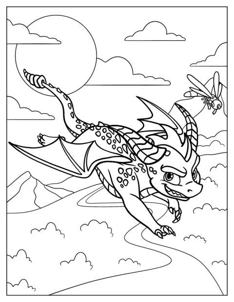Spyro letí vysoko po obloze.