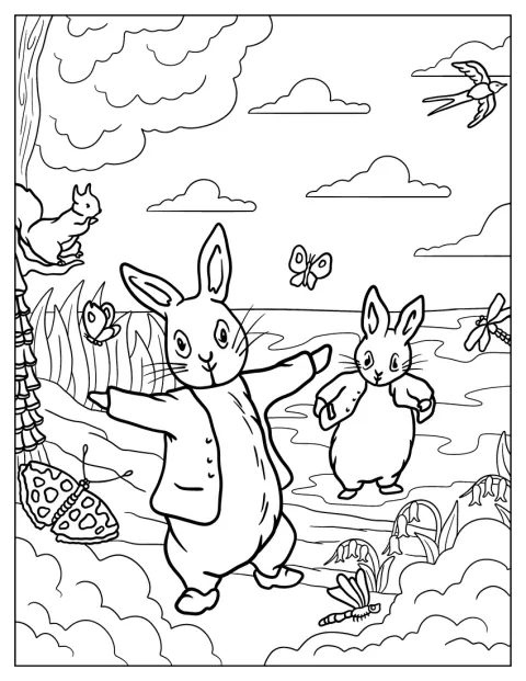 Peter Rabbit y Benjamin Bunny pasean juntos por un pantano.