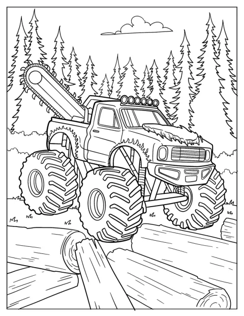 Näyttävä monsteriauto, jossa on moottorisaha, seisoo metsässä.