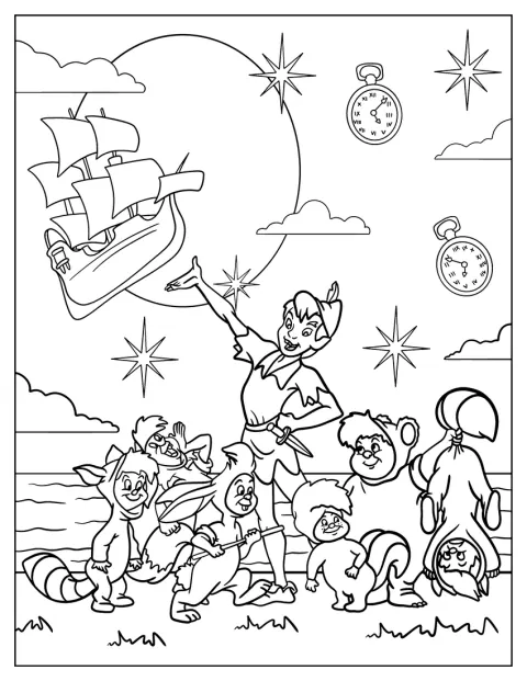 Peter Pan y los Niños Perdidos observan un barco que vuela por el cielo.