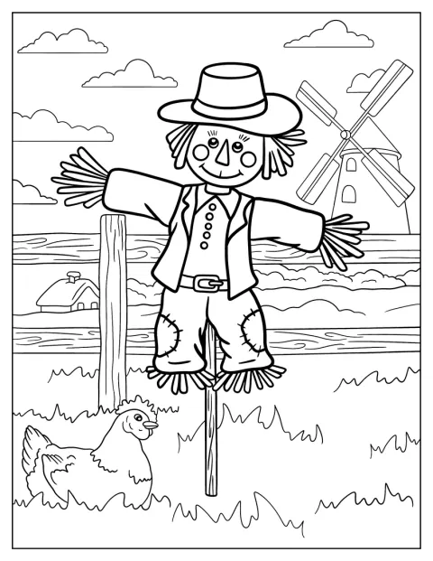 Eine niedliche Vogelscheuche steht vor einer Windmühle auf dem Land.