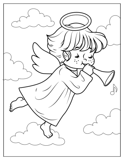 Um anjo menino vestido com túnicas brancas toca uma trombeta.