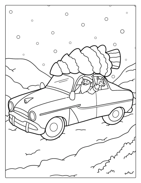Santa fährt mit einem Weihnachtsbaum auf dem Dach seines Autos.