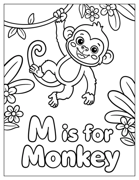 M is for Monkey Coloring Page Flashcard for Kids