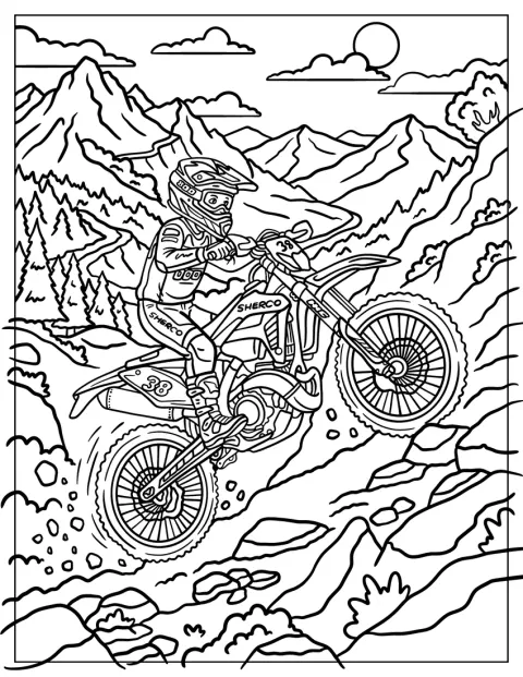 ライダーがShercoのバイクで岩だらけの山道を登っています。