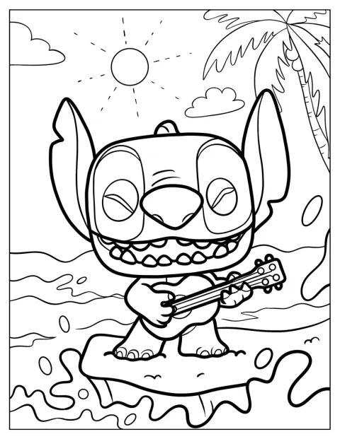 Stitch Funko Pop figurája vidáman ukulelézik.