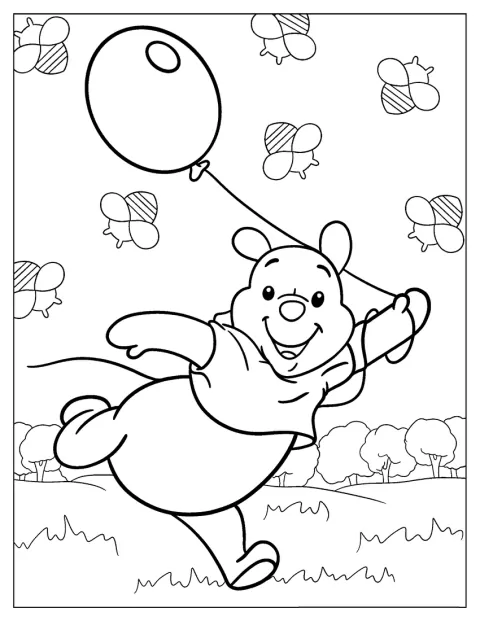 Nalle Puh leikkii niityllä ilmapallo kädessään.