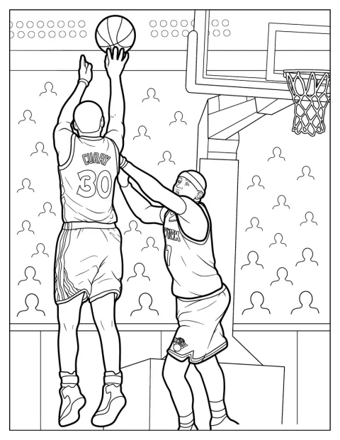 Stephen Curry springt hoch und wirft einen Dreipunktewurf auf den Basketballkorb.