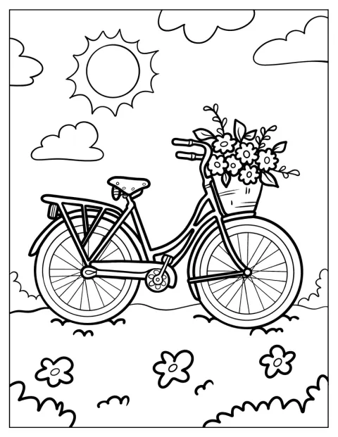 O bicicletă drăgălașă are un coș plin cu flori.