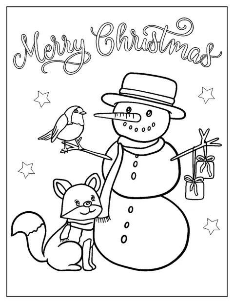 Christmas coloring pages of Snowman With Bird And Fox