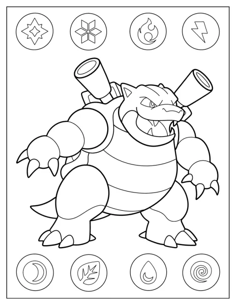 Blastoise seisoo ääriviivakuvassa.