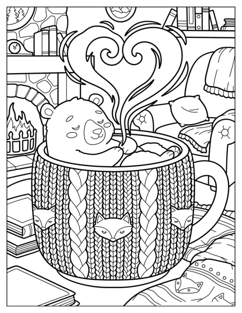 Un osito se acurruca dentro de una taza de punto frente a la chimenea.
