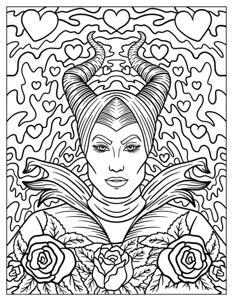 Maleficent trägt ihre markanten Hörner und blickt ernst nach vorn.