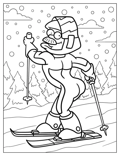 Ned Flanders skiet in een grappige houding.