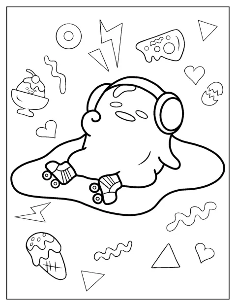 Gudetama nosi słuchawki i rolki.