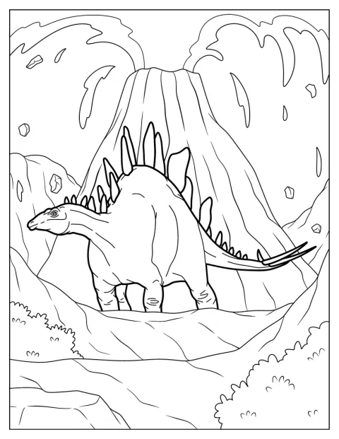 Stegosaurus stojí před sopkou, z níž se valí láva.