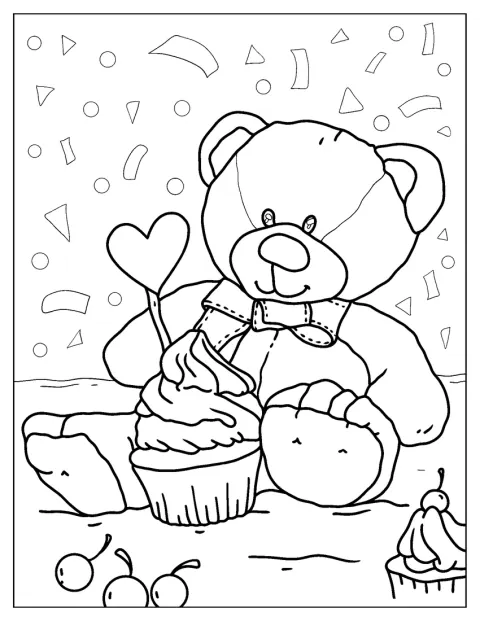 Een teddybeer houdt een cupcake met een kaarsje vast.