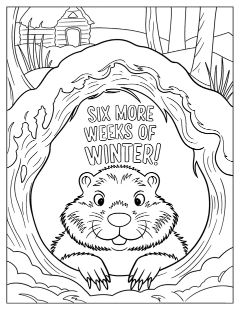 De woorden ‘Nog zes weken winter’ staan boven een bosmarmot in zijn hol.