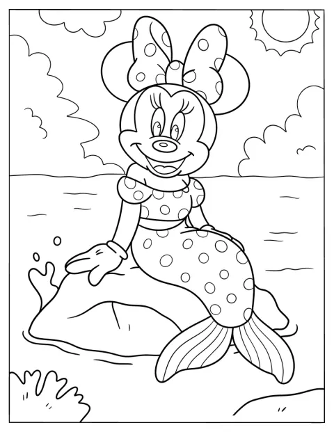 Havfrue-Minnie Mouse sidder på en klippe under solen.