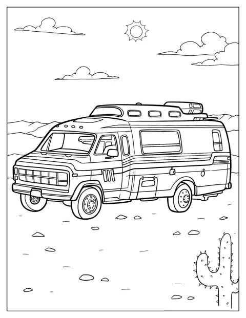 Obytný vůz GMC Vandura stojí v pusté pouštní krajině.