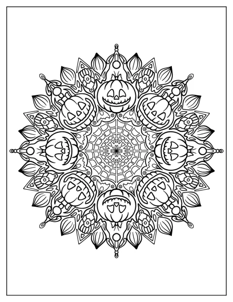 Een uitgesneden Halloweenpompoen en spinnenwebben vullen deze gedetailleerde mandala.