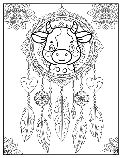 Een schattige koe staat midden in een mandala met veren.
