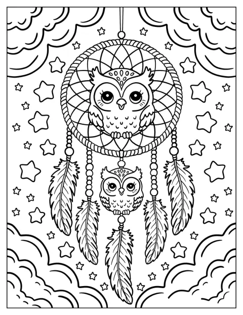 Een schattige uil staat in een mandala-dromenvanger tegen een lucht met sterren en wolken.