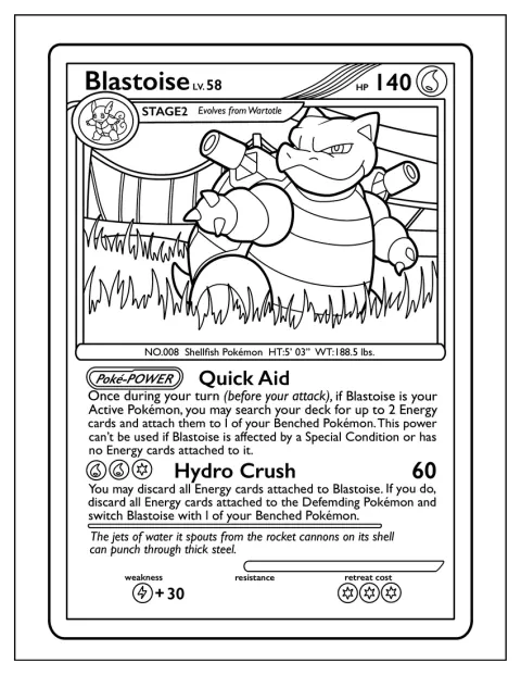 Blastoise se objevuje na kartě Pokémonů Quick Aid.