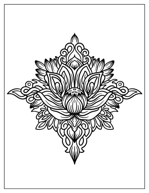 Un fiore di loto dalle linee intricate si apre al centro della composizione.